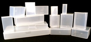 Stacks of hinged lid plastic boxes