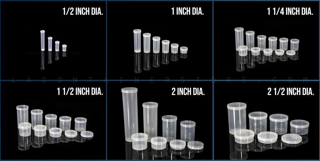 6 Diameter Options For Lacons® Plastic Containers. .5", 1", 1.25", 1.5", 2", 2.5"